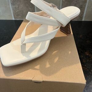 Elegant White Strappy Mid-Heel Sandal with Stacked Heel